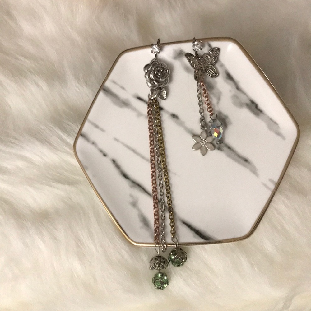 Rose and butterfly Silver drop earrings